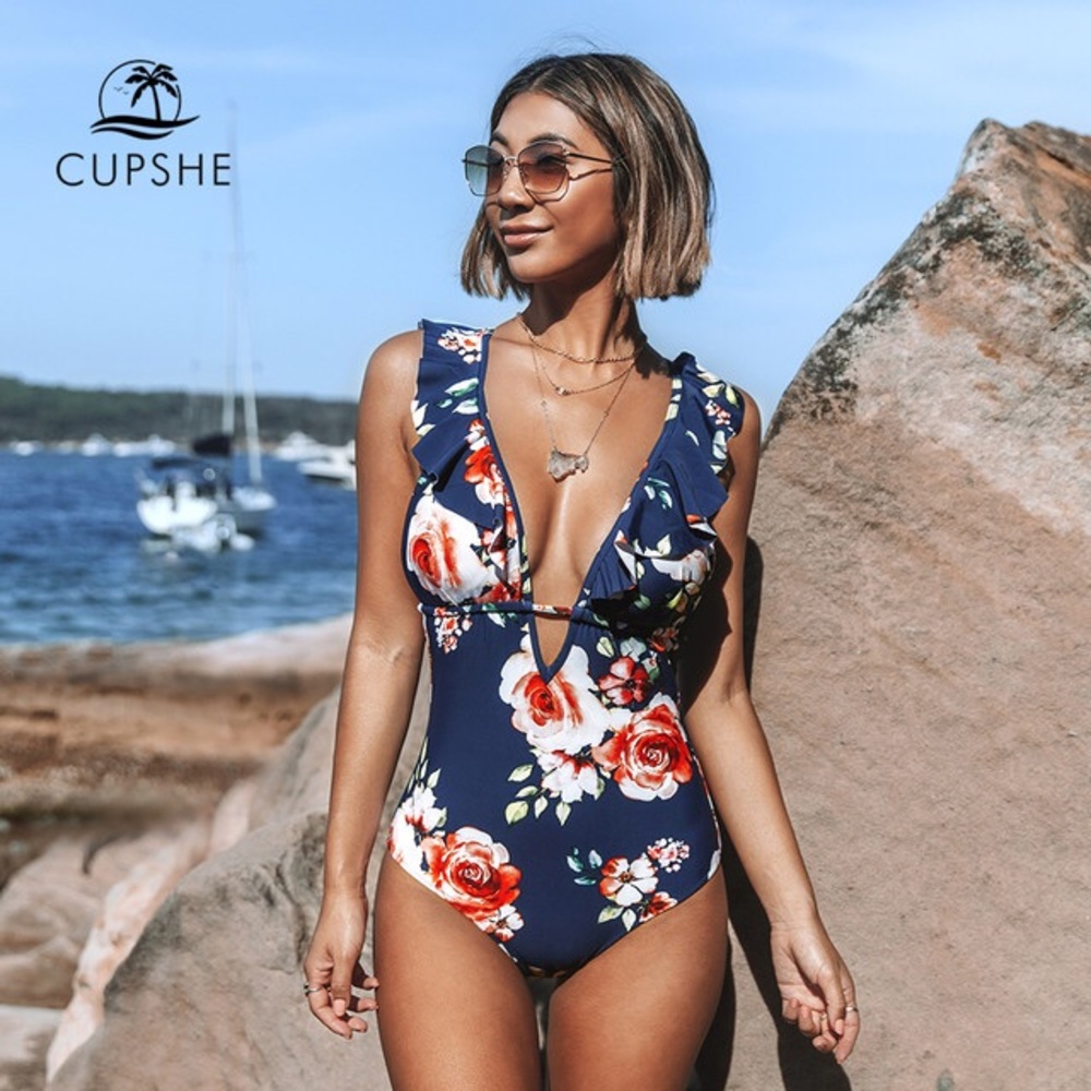 CUPSHE Floral Print Ruffled Deep V-neck